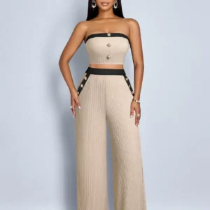 Women's Color-Block Button-Decorated Short Tight Pantsuit - Image 4