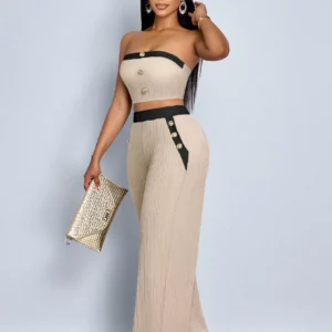 Women's Color-Block Button-Decorated Short Tight Pantsuit - Image 3