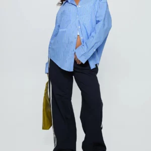 Women Spring Button Down Shirt Blue Pinstripe Loose Fit Long Sleeve Button Up Shirt Wide Collar Casual Tops Lightweight Shirts - Image 5