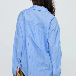 Women Spring Button Down Shirt Blue Pinstripe Loose Fit Long Sleeve Button Up Shirt Wide Collar Casual Tops Lightweight Shirts - Image 6