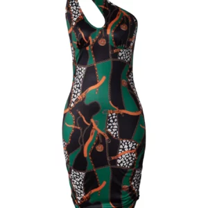 Women's Spring Summer Black Green Orange Chain Leopard Print One Shoulder Cutout Bodycon Mini Party Dress - Image 5