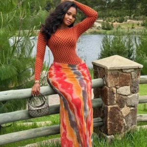 Valentines Day Dress Sexy Women Spring Long Sleeve Orange Bandage Dress with Black Polka Dots Waist Slimming Elegant Maxi Dress - Image 1