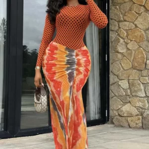 Valentines Day Dress Sexy Women Spring Long Sleeve Orange Bandage Dress with Black Polka Dots Waist Slimming Elegant Maxi Dress - Image 3