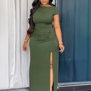 Temperament Boat Neck Slip-shoulder Short-sleeved Women's Dress With Waist And Side Shirring Design Hip-covering Slit Dress - Image 1