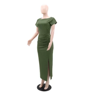 Temperament Boat Neck Slip-shoulder Short-sleeved Women's Dress With Waist And Side Shirring Design Hip-covering Slit Dress - Image 5