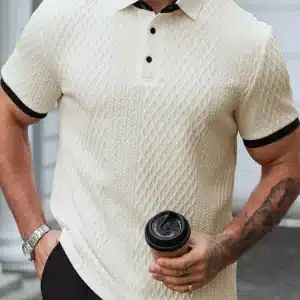 Stylish Slim Fit Knit Shirt Tops Men Spring Summer Casual Short Sleeve Buttoned Lapel Polo Shirt Fashion Striped Patchwork Polos - Image 2