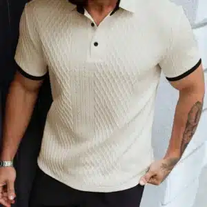 Stylish Slim Fit Knit Shirt Tops Men Spring Summer Casual Short Sleeve Buttoned Lapel Polo Shirt Fashion Striped Patchwork Polos - Image 6