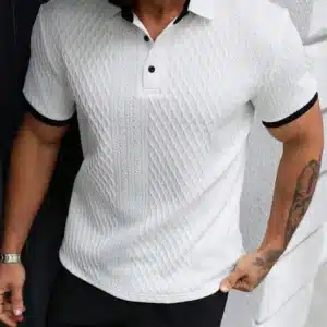 Stylish Slim Fit Knit Shirt Tops Men Spring Summer Casual Short Sleeve Buttoned Lapel Polo Shirt Fashion Striped Patchwork Polos - Image 3