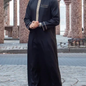 2025Islamic muslim Arabic men's robe long sleeve embroidered stand collar arabian thobe for men - Image 2