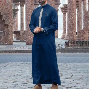 2025Islamic muslim Arabic men's robe long sleeve embroidered stand collar arabian thobe for men - Image 6