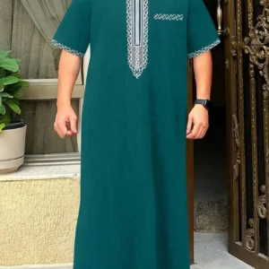 2025Islamic muslim Arabic men's robe long sleeve embroidered stand collar arabian thobe for men - Image 5