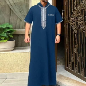 2025Islamic muslim Arabic men's robe long sleeve embroidered stand collar arabian thobe for men - Image 4