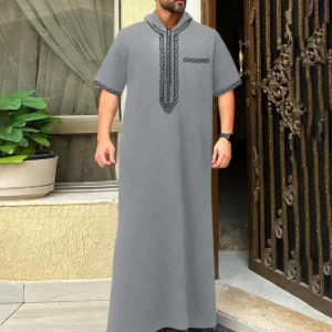 2025Islamic muslim Arabic men's robe long sleeve embroidered stand collar arabian thobe for men - Image 3