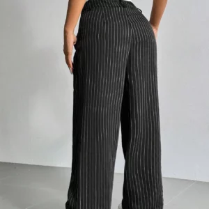 Women's Straight Leg Pinstripe Trousers High Waist Office Business Pants Casual Striped Dressy With Pockets - Image 2