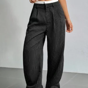 Women's Straight Leg Pinstripe Trousers High Waist Office Business Pants Casual Striped Dressy With Pockets - Image 7