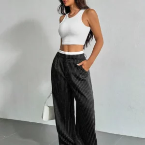Women's Straight Leg Pinstripe Trousers High Waist Office Business Pants Casual Striped Dressy With Pockets - Image 5