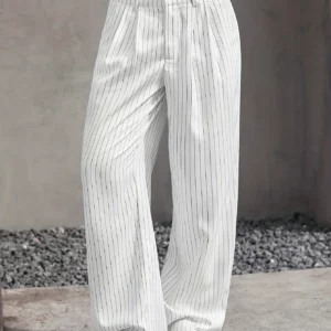 Women's Straight Leg Pinstripe Trousers High Waist Office Business Pants Casual Striped Dressy With Pockets - Image 4
