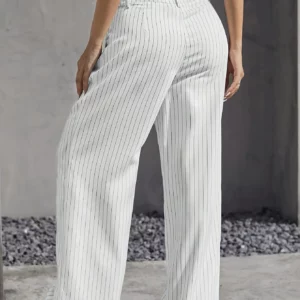 Women's Straight Leg Pinstripe Trousers High Waist Office Business Pants Casual Striped Dressy With Pockets - Image 3