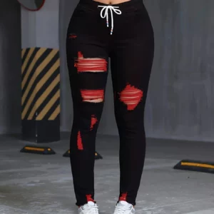Women's Stretch Jeans Elastic Waist Drawstring Elegant Distressed Red Skinny Personalized Designer Style Suitable for All Seaso - Image 7