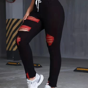Women's Stretch Jeans Elastic Waist Drawstring Elegant Distressed Red Skinny Personalized Designer Style Suitable for All Seaso - Image 6