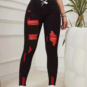 Women's Stretch Jeans Elastic Waist Drawstring Elegant Distressed Red Skinny Personalized Designer Style Suitable for All Seaso - Image 3