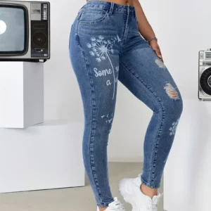 Women's High Waisted Stretch Trousers Slim Fit Jeans Print Flower Pattern Wide Leg Pants For Casual Fashion Outings Clothing - Image 7