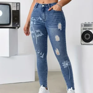 Women's High Waisted Stretch Trousers Slim Fit Jeans Print Flower Pattern Wide Leg Pants For Casual Fashion Outings Clothing - Image 6