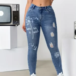 Women's High Waisted Stretch Trousers Slim Fit Jeans Print Flower Pattern Wide Leg Pants For Casual Fashion Outings Clothing - Image 5