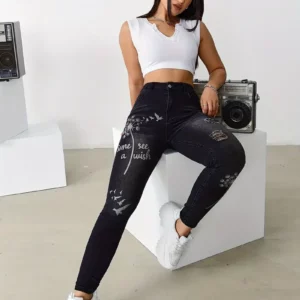 Women's High Waisted Stretch Trousers Slim Fit Jeans Print Flower Pattern Wide Leg Pants For Casual Fashion Outings Clothing - Image 4