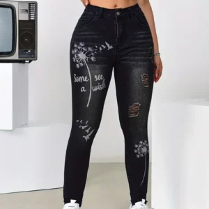 Women's High Waisted Stretch Trousers Slim Fit Jeans Print Flower Pattern Wide Leg Pants For Casual Fashion Outings Clothing - Image 3
