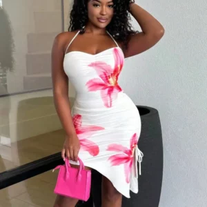 Women's Resort Style White Base with Pink Floral Romantic Print - Asymmetric Hem Open Back Bowknot Slim-Fit Dress - Image 4