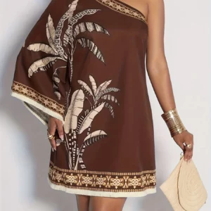 Women's Fashion Versatile Slant Shoulder Sleeve Design Plant Print Elegant Special Dress Stylish All-Match Large Sleeve Dress - Image 4