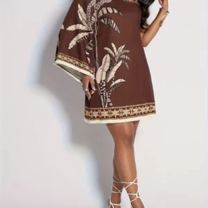 Women's Fashion Versatile Slant Shoulder Sleeve Design Plant Print Elegant Special Dress Stylish All-Match Large Sleeve Dress - Image 5