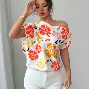 Fashionable Elegant Shoulder Design Floral Print Gentle Versatile Women's Top Stylish Trendy Ladies' Shirt - Image 3