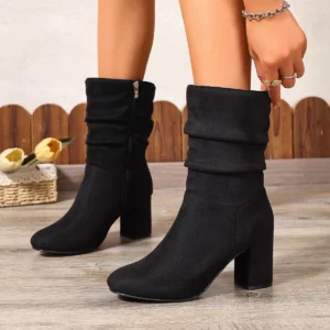 Pleated booties, high heels, thick heels, suede, one-foot wide boots, fashionable spring, autumn, and winter women's boots - Image 5