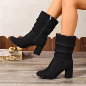 Pleated booties, high heels, thick heels, suede, one-foot wide boots, fashionable spring, autumn, and winter women's boots - Image 7