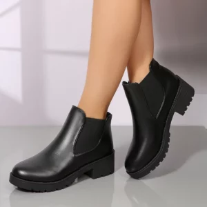 Women's Casual Chelsea Ankle Boots Round Toe Black PU Leather Short Boots Woman Comfort Low Heels Slip On Botas De Mujer 2025 - Image 2
