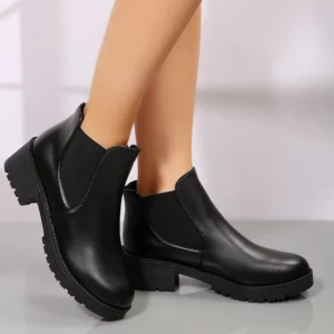 Women's Casual Chelsea Ankle Boots Round Toe Black PU Leather Short Boots Woman Comfort Low Heels Slip On Botas De Mujer 2025 - Image 7