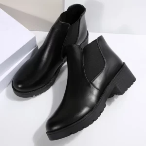 Women's Casual Chelsea Ankle Boots Round Toe Black PU Leather Short Boots Woman Comfort Low Heels Slip On Botas De Mujer 2025 - Image 4