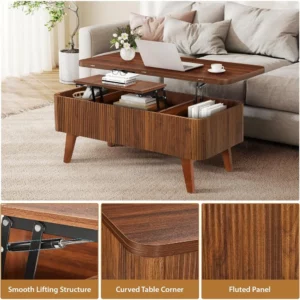 3 in 1 Lift Top Coffee Table, Fluted Convertible Coffee Tables Converts to Dining Tables, Modern Oval Wooden Center Table with S - Image 2