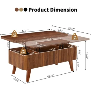 3 in 1 Lift Top Coffee Table, Fluted Convertible Coffee Tables Converts to Dining Tables, Modern Oval Wooden Center Table with S - Image 4