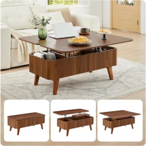 3 in 1 Lift Top Coffee Table, Fluted Convertible Coffee Tables Converts to Dining Tables, Modern Oval Wooden Center Table with S - Image 5