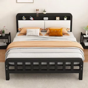 Durable Iron Bed Frame with Leather Headboard Bedroom Adjustable Height Bed Bases with Storage Home Hotel Sturdy Mattress Pallet - Image 3