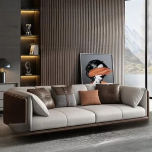 Italian minimalist leather sofa combination straight row three people modern simple living room small apartment cowhide corner - Image 1