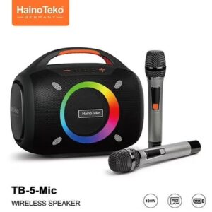 Haino Teko TB-5 Portable Wireless Bluetooth Speaker with 2 Wireless Mics, 100W Powerful Output, RGB Lighting, Multi-Functional Button Control, Portable Karaoke Speaker for Indoor and Outdoor Use, Black - Image 2