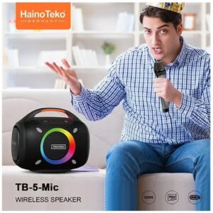 Haino Teko TB-5 Portable Wireless Bluetooth Speaker with 2 Wireless Mics, 100W Powerful Output, RGB Lighting, Multi-Functional Button Control, Portable Karaoke Speaker for Indoor and Outdoor Use, Black - Image 6