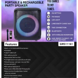 GEEPAS Portable And Rechargeable Party Speaker- GMS11161| Bluetooth, TWS Function and FM Radio| Lightweight and Portable Design, With Color Control LED Light |Multiple Mode Selections and Menu Function| Black, 2 Years Warranty - Image 6