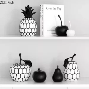 Black and White Stripe Apple Pineapple Statue Desk Decoration Ornaments Minimalism Fruits Resin Sculpture Room Aesthetics Decor - Image 3