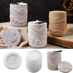 Cylindrical Concrete Storage Jar Silicone Mold Set DIY Embossed Pearl Ribbon Rose Vase Jewelry Storage Container Mold Craft Gift - Image 2