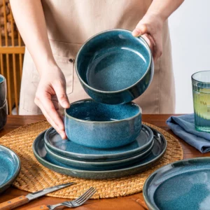 vancasso 12/24Piece Ceramic Plate Set Blue Reactive Glaze Vertical edge Tableware Set with 4/8PCS Dinner Plate/Dessert/Bowl - Image 5